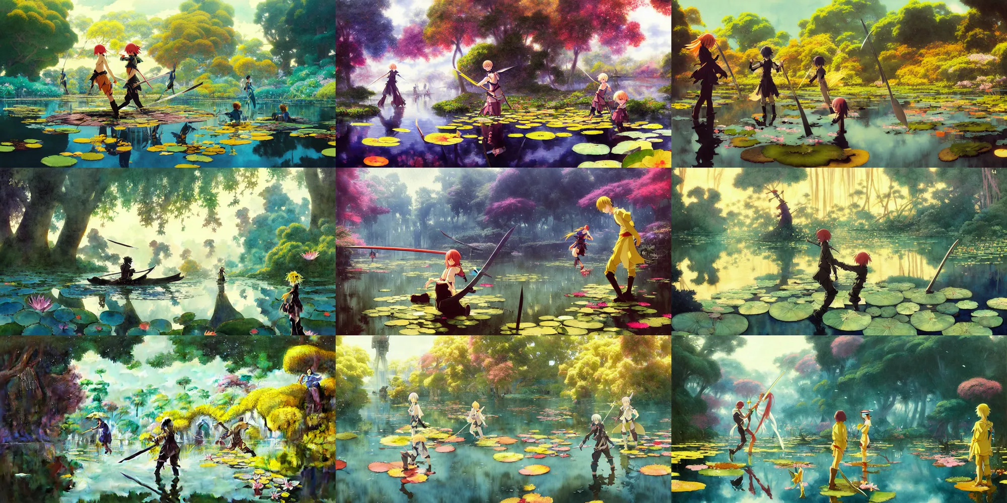 Prompt: anime movie scene, characters, waterway, fantasy. sword fight, amazing composition, colorful watercolor, lily pads, reflections, by ruan jia, by maxfield parrish, by koji morimoto, by hikari shimoda, by sparth, by zhang kechun, illustration, gloomy, yellow