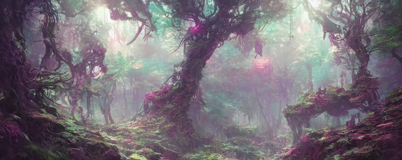 Prompt: detailed concept art illustration colorful pastel painting of a sci-fi fantasy forest in full intricate detail, ultra detailed, digital art, octane render, 4K, dystopian, micro details