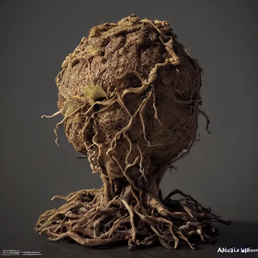 Image similar to medium shot, mandrake root in a pot, root in a form of human head with mandrake leaves growing from it, intricate hyper detailed ultra sharp sharp focus, global illumination, radiant light, alexandre ferra, irakli nadar, octane render, unreal engine, 4 k, ultra hd,