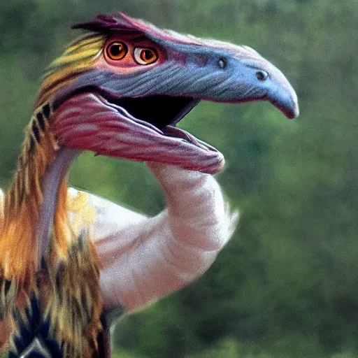 Prompt: blurry photograph of a feathered dinosaur