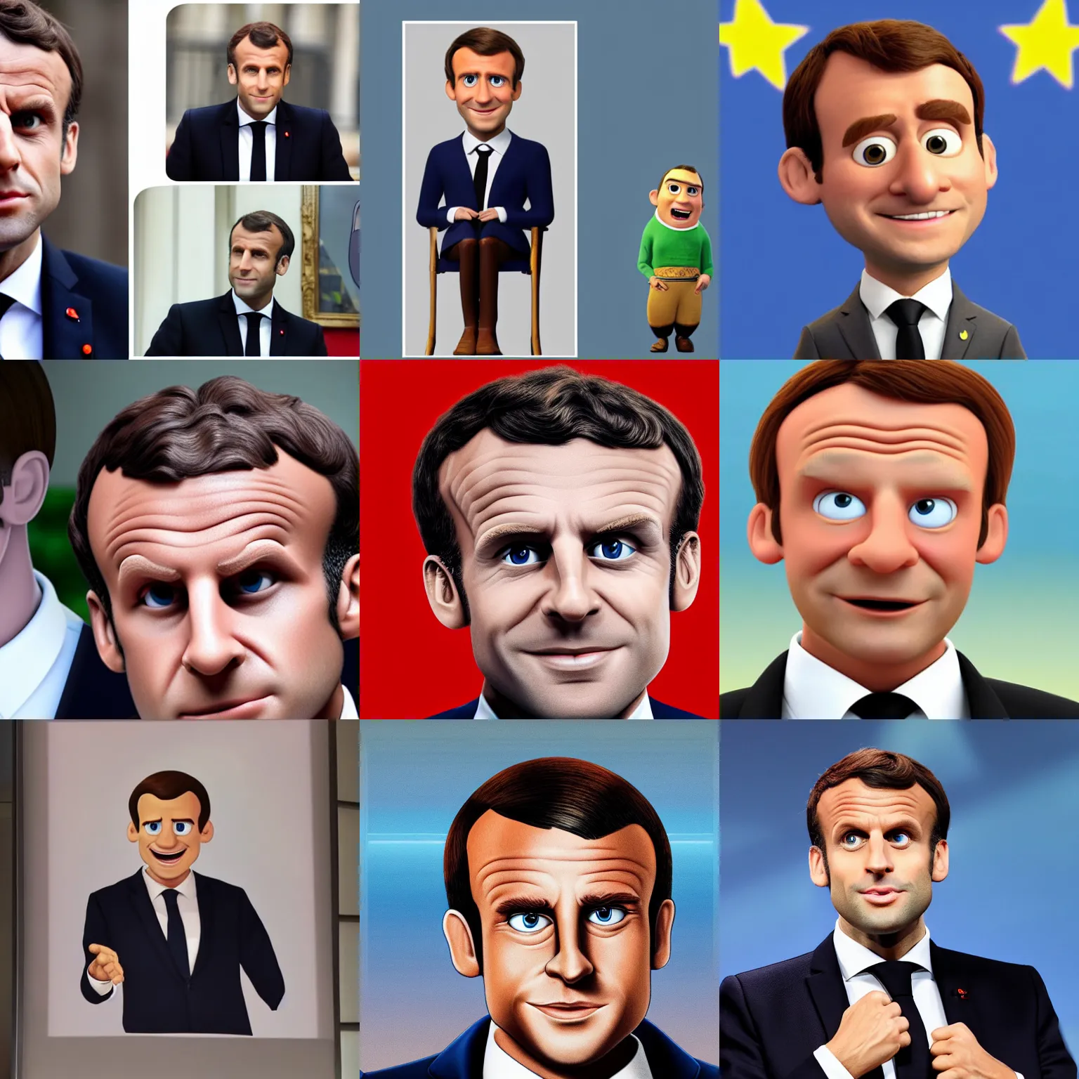 Prompt: emmanuel macron as a pixar character, 3 d, 1 / 4 headshot, pixar animated movie