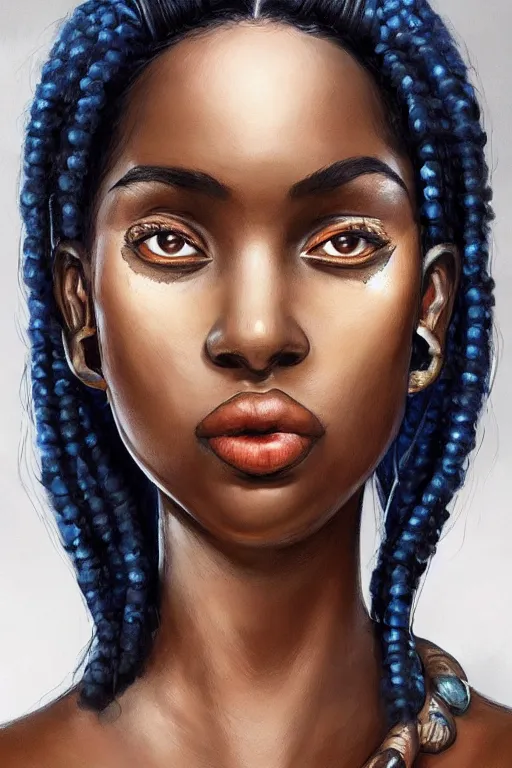 Image similar to A bust of a beautiful black skinned Australian indigenous girl with large lips and smooth eyebrows and straight hair, HD, illustration, epic, fantasy, intricate, elegant, amazing detail, digital painting, artstation, concept art, smooth, sharp focus, illustration, art by Turine Tran
