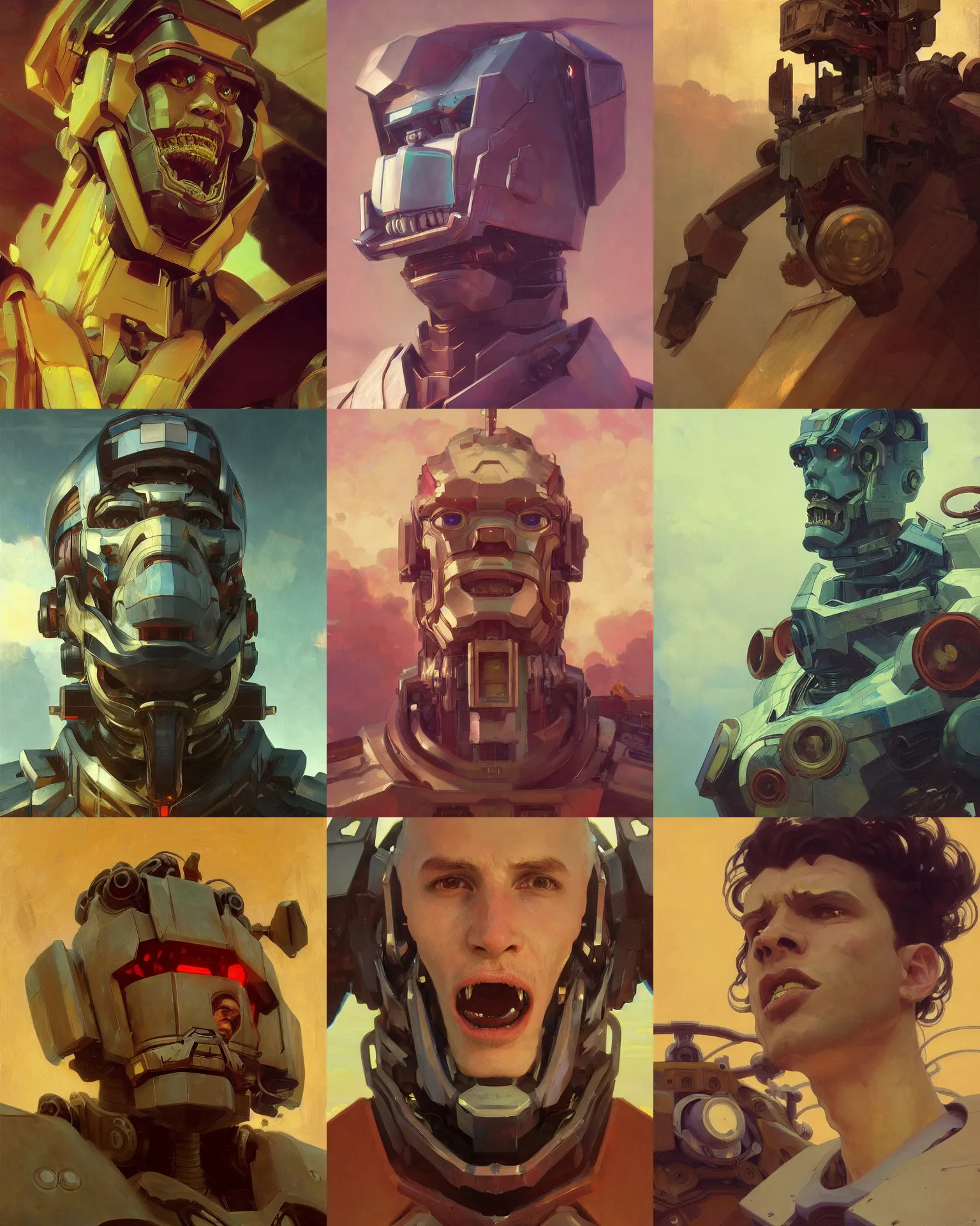 Prompt: Portrait Handsome Male Giant Robot Mecha Maw Shot (fangs), vaporwave character portrait, digital art, artstation, by WLOP, Ilya repin, alphonse mucha. Dynamic perspective focused on mouth, Very highly detailed 8K, octane, Digital painting, the golden ratio, rational painting