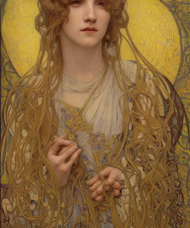 Image similar to detailed realistic beautiful young medieval queen face portrait by jean delville, alphonse mucha, vincent van gogh, and marco mazzoni, art nouveau, symbolist, visionary, gothic, pre - raphaelite