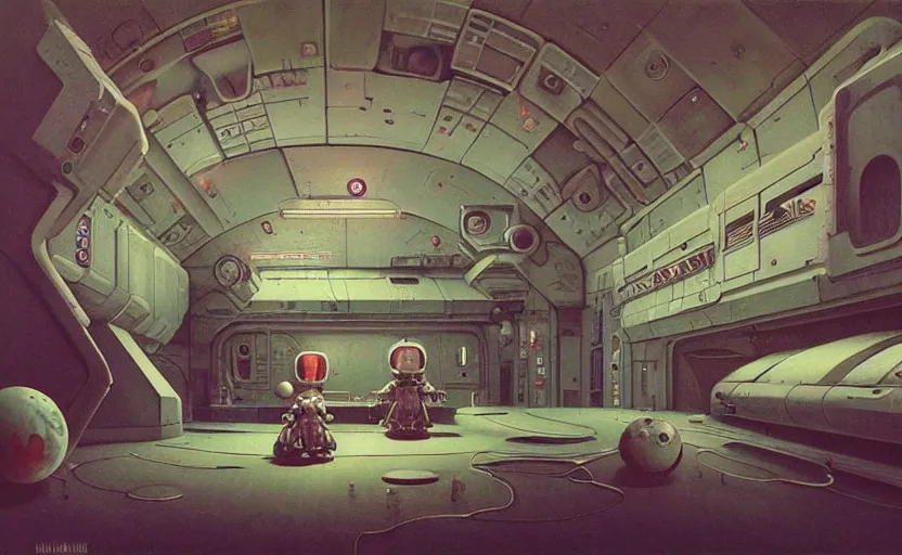 Prompt: Inside a space station in the style of James Gilleard, Zdzislaw Beksinski, Mark Ryden, Wolfgang Lettl highly detailed, hints of Yayoi Kasuma