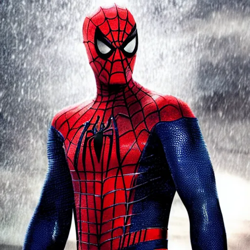 Prompt: jason statham as unmask spiderman, rain background, an film still