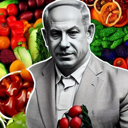 Image similar to portrait of benjamin netanyahu made of fruits vegetables and flowers