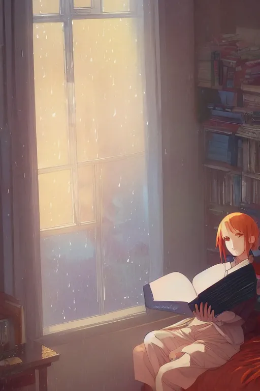 Prompt: a teenage girl with white short hair in a jk uniform outfit in the bedroom reading a book in a night, raining outside the window, warm and orange theme, by krenz cushart and mucha and akihito yoshida and greg rutkowski and makoto shinkai, 4 k resolution