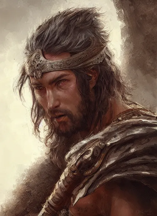 Image similar to realistic portrait painting of a male fantasy barbarian warrior, old mystic ruins, afternoon, intricate, elegant, highly detailed, digital painting, sharp, focus, by artgerm and greg rutkowski