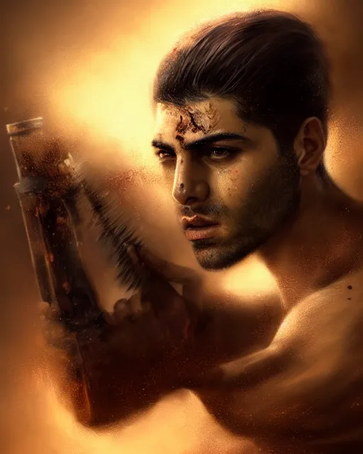 Image similar to portrait of a Persian Prince fighting at war, warrior, brutal battle, handsome prince, shaved face, without beard, attractive young man, shaved face, heroic pose, dramatic lighting, dark and horror, action and tragedy, dust and blood, intricate, wild, highly detailed, digital painting, artstation, concept art, smooth, sharp focus, illustration, art by artgerm and greg rutkowski and alphonse mucha, footage from space camera