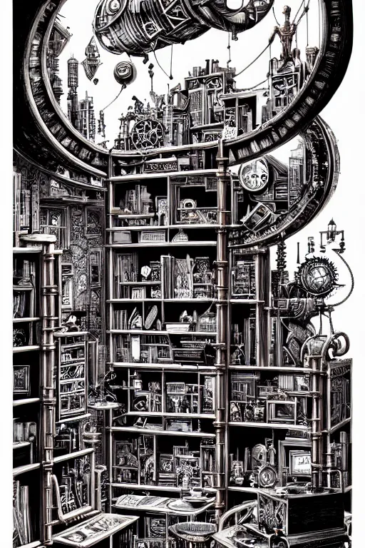 Image similar to a majestic steampunk alchemists bookshelf, two point perspective, furniture, high details, bold line art, by vincent di fate and joe fenton, inking, etching, screen print, masterpiece, trending on artstation, sharp, high contrast, hyper - detailed,, hd, 4 k, 8 k