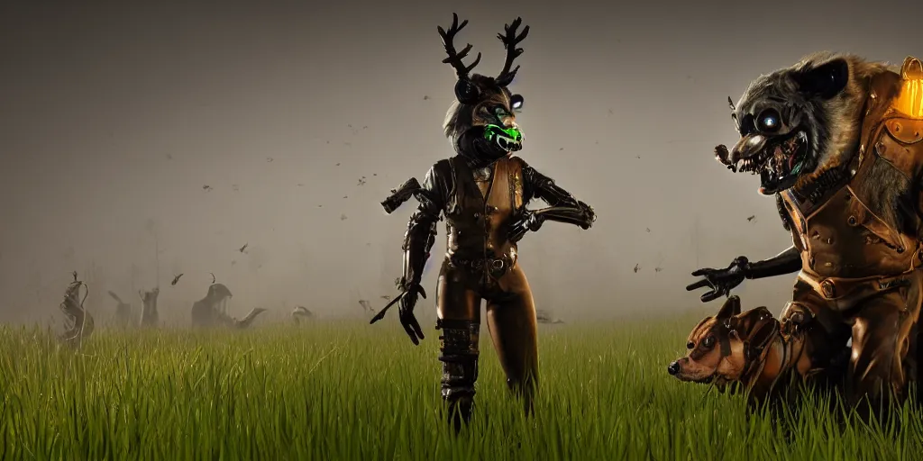 Image similar to gamekeeper wearing a steampunk and neonpunk mechanical fluorescent mystical animal mask in strange misty estuary landscape fight with werewolf, night, realism in style of fornite game, 4 k, octane render, award winning photograph, epic cinematic shot, perfectly defined features, ambient occlusion