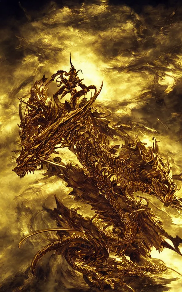 Image similar to golden dragon, epic, legendary, cinematic composition, stunning atmosphere by yoshitaka amano