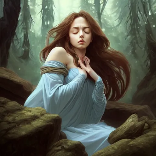 Image similar to wide angle, mage, sleeping on rock, white grey blue color palette, eyes closed, forest, female, d & d, fantasy, intricate, elegant, highly detailed, long brown hair, digital painting, artstation, octane render, concept art, matte, sharp focus, illustration, hearthstone, art by artgerm, alphonse mucha johannes voss