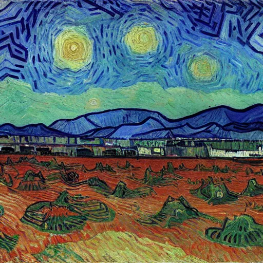 Image similar to a painting of a martian colony by vincent van gogh, featured on pixiv, futurism, sci - fi, post - impressionism, impressionism, painterly, detailed painting