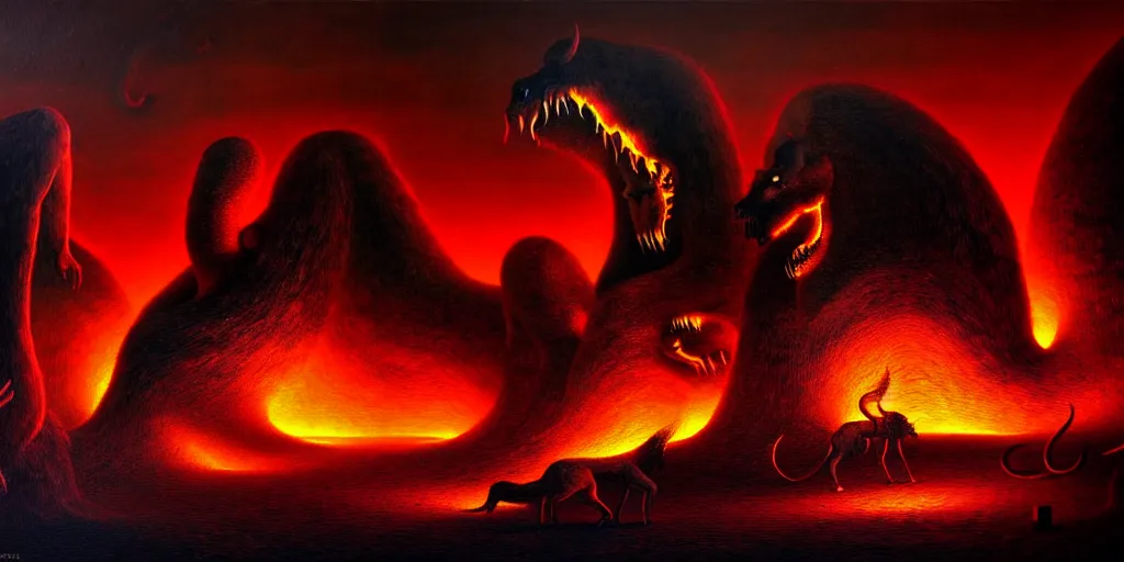 Image similar to mythical creatures and monsters at the mouth of hell, dramatic lighting glow from giant fire, in a dark surreal painting by ronny khalil