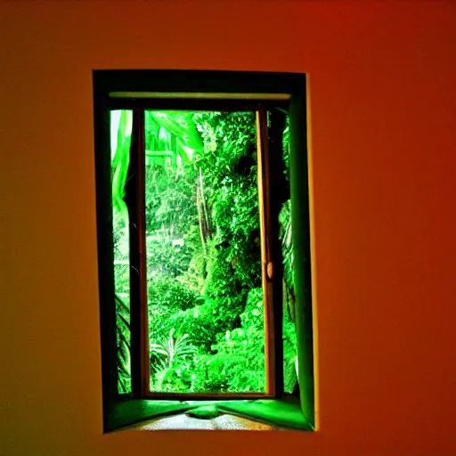 Image similar to A dslr picture with flash on of a window from in 2007, tropical rainforest outside