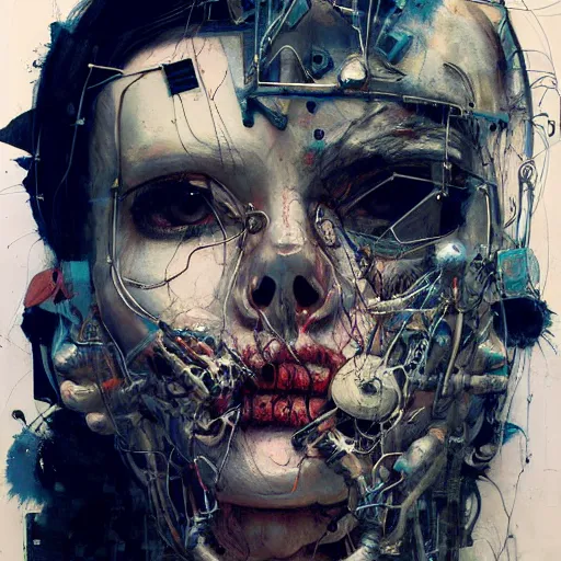 Image similar to a lost male cyberpunk hacker, skulls, wires cybernetic implants, machine noir dieselpunk grimcore, in the style of adrian ghenie esao andrews jenny saville surrealism dark art by james jean takato yamamoto and by ashley wood