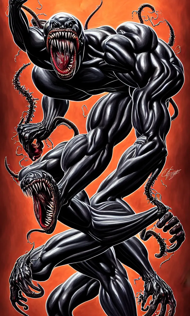 Image similar to legs and feets study of hyper realist full body long shot portrait of bodybuilder venom from marvel comics!!!!, large mouth with teeth, large tongue, lovecraftian horror!!, fantasy, intricate, elegant, highly detailed, digital painting, artstation, concept art, matte, sharp focus, illustration, art by glenn fabry and giger
