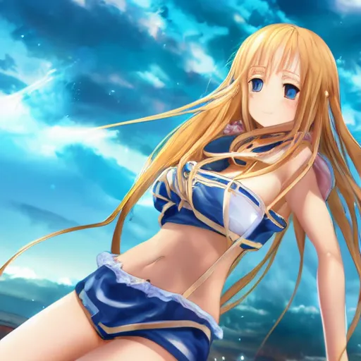 Image similar to a very beautiful young yuuki asuna, full body, long wavy blond hair, sky blue eyes, full round face,, shiny golden bikini, miniskirt, front shot, locked in a bright prison cell, highly detailed, cinematic wallpaper by stanley artgerm lau
