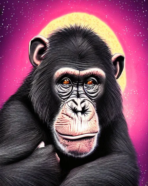 Image similar to very detailed high resolution illustration of a fat chimpanzee, backlit, stars, night, surrounded, 3 d, 8 k, extremely detailed, artstation, award winning