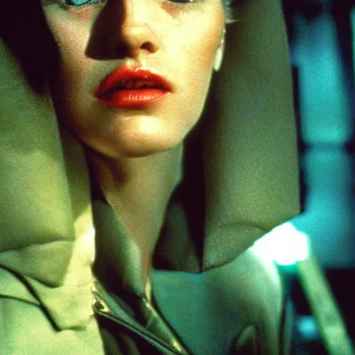 Image similar to close up portrait of rachael tyrell from blade runner at tyrell headquarters photographed by annie leibovitz, cyberpunk, colorful!, nighttime!, raining!