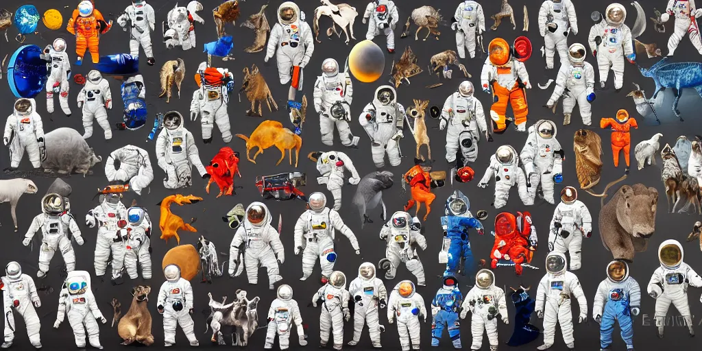 Image similar to Group photo of various animals in spacesuits before going to space. Highly detailed picture.