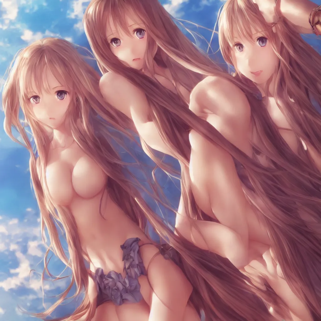 Image similar to a very beautiful young yuuki asuna, full body, long wavy blond hair, sky blue eyes, full round face,, bikini, miniskirt, front view, mid - shot, highly detailed, cinematic wallpaper by stanley artgerm lau