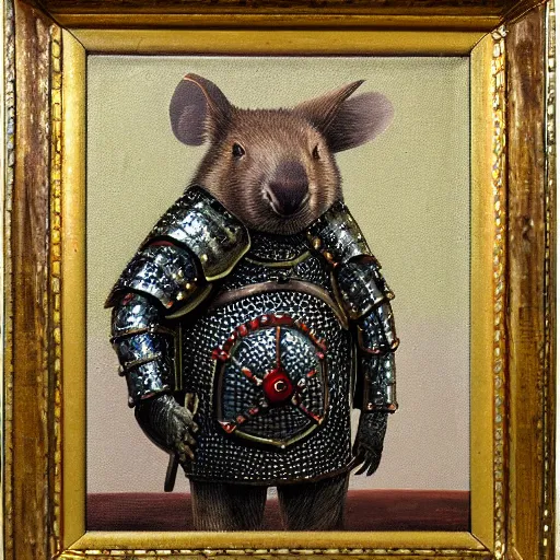 Image similar to an oil painting of a wombat wearing medieval chain mail and armor