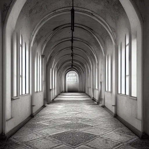 Prompt: a long retro asylum hallway, arched ceiling, one point perspective, vanishing point, symmetrical composition, rich colors, dramatic lighting, by lee madgwick, photorealistic, v - ray render 8 k uhd