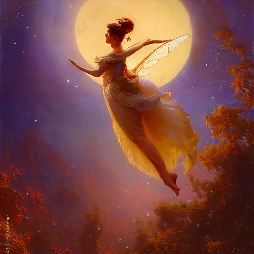 Image similar to attractive fairy queen fly high in the night, fantasy, full moon in background. hyper detailed painting by gaston bussiere, craig mullins, j. c. leyendecker, mid shot, 8 k, cryengone, cinematic lighting, beautiful,