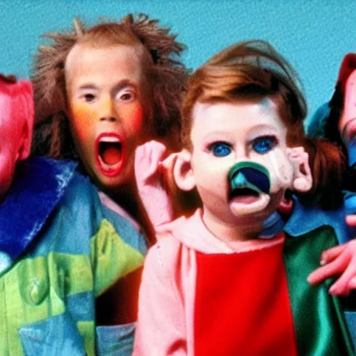 Prompt: A still from a disturbing live-action kids show from the 1990s