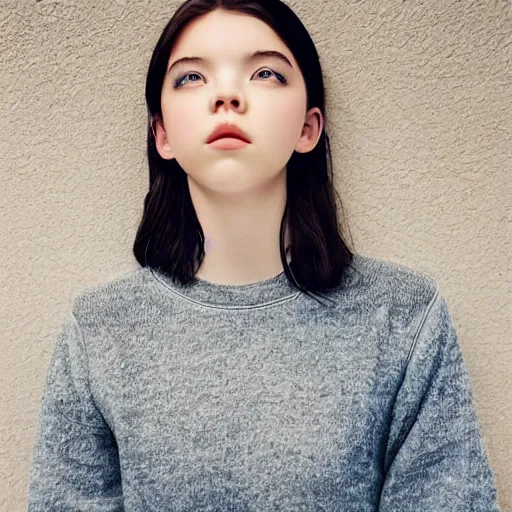 Image similar to a portrait photo of a beautiful young woman who looks like a korean anya taylor - joy