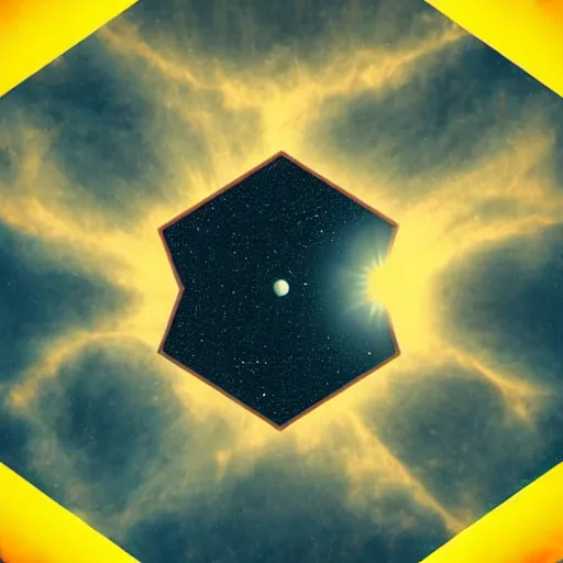 Image similar to hexagon in front of the sun, seen from planet earth, trending on art station, retro futurism, photo realistic, perspective