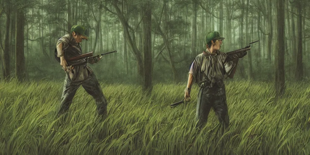 Prompt: a man with a baseball hat and a rifle in a lush green swamp field, sneaking, japanese illustrator, 1 9 8 0 s, matte colors, stephen king, post apocalyptic film concept