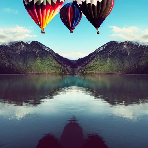 Image similar to photo of two black swans swimming in a beautiful reflective mountain lake, touching heads, forming a heart with their necks, a colorful hot air balloon is flying above the swans, hot air balloon, intricate, portrait, 8k highly professionally detailed, HDR, CGsociety, octane render, 4k