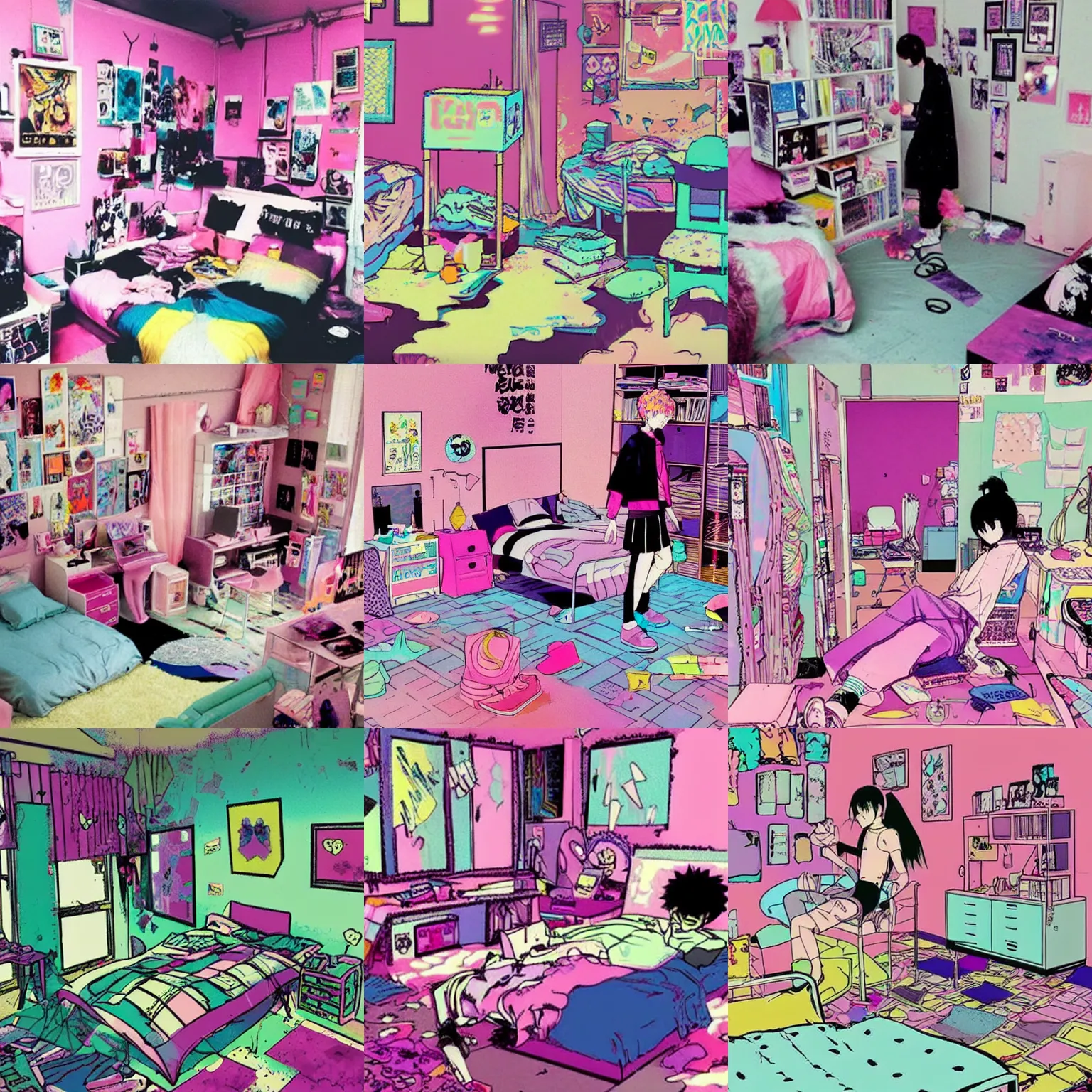 Prompt: 9 0 s, pastel goth aesthetic, messy room, vaporwave colors, by asano and hirohiko araki