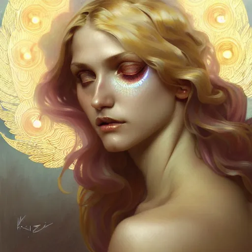 Image similar to Winged girl angel covered in eyes with blonde hair and glowing halo, iridescent, seraphim, fantasy, intricate, elegant, highly detailed, digital painting, artstation, concept art, smooth, sharp focus, illustration, art by Krenz Cushart and Artem Demura and alphonse mucha