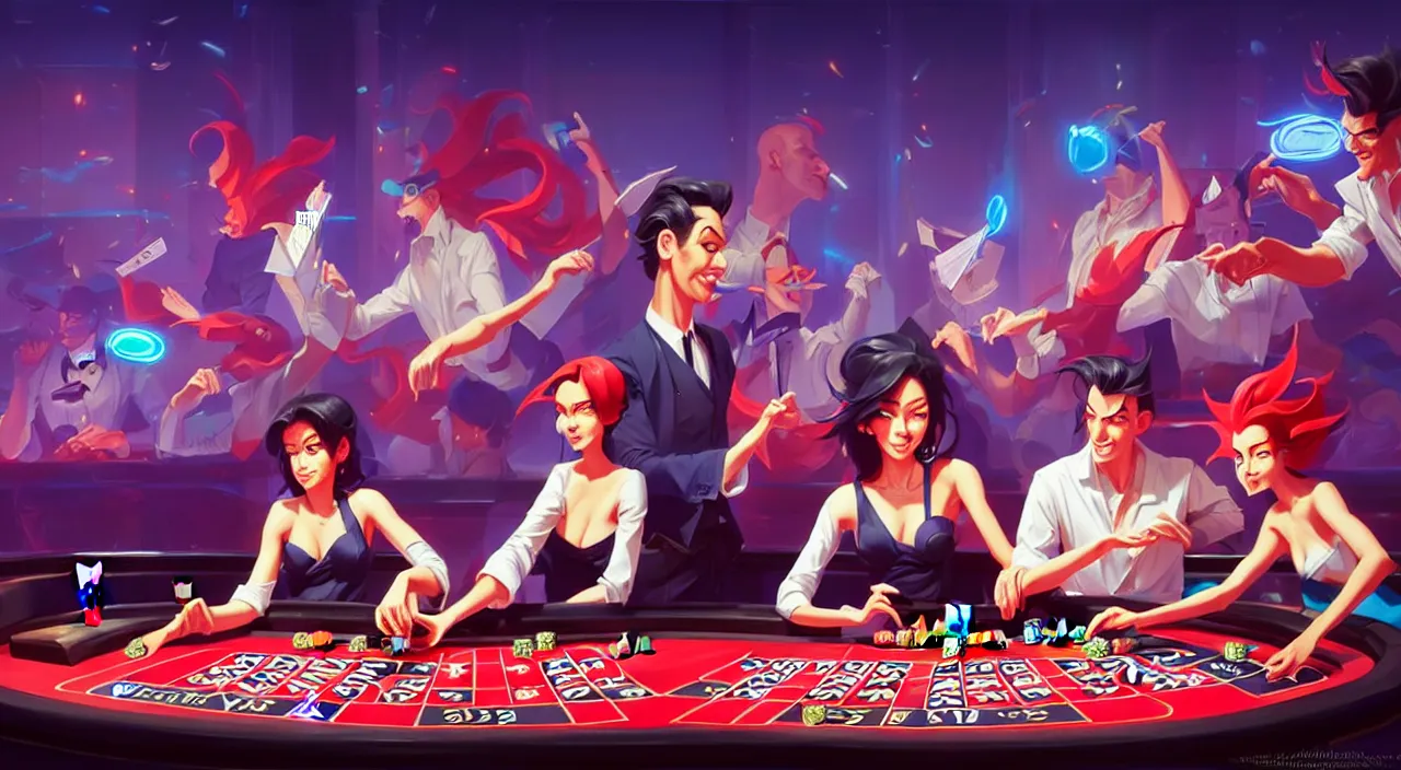 Prompt: incredible, mindblowing, gambling in a casino with many vibrant machines, in marble incrusted of legends official fanart behance hd by jesper ejsing, by rhads, makoto shinkai and lois van baarle, ilya kuvshinov, rossdraws global illumination