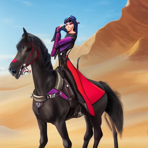 Image similar to widowmaker overwatch in the desert riding on a horse, black and red jacket, collar around neck, very detailed face, feminine face, full body