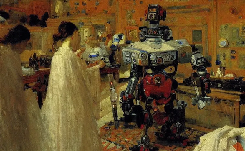 Image similar to high quality high detail painting by ilya repin, robots taking over the house, hd