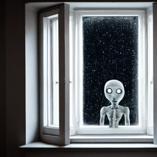 Prompt: grey alien at the window, blurry photo, night