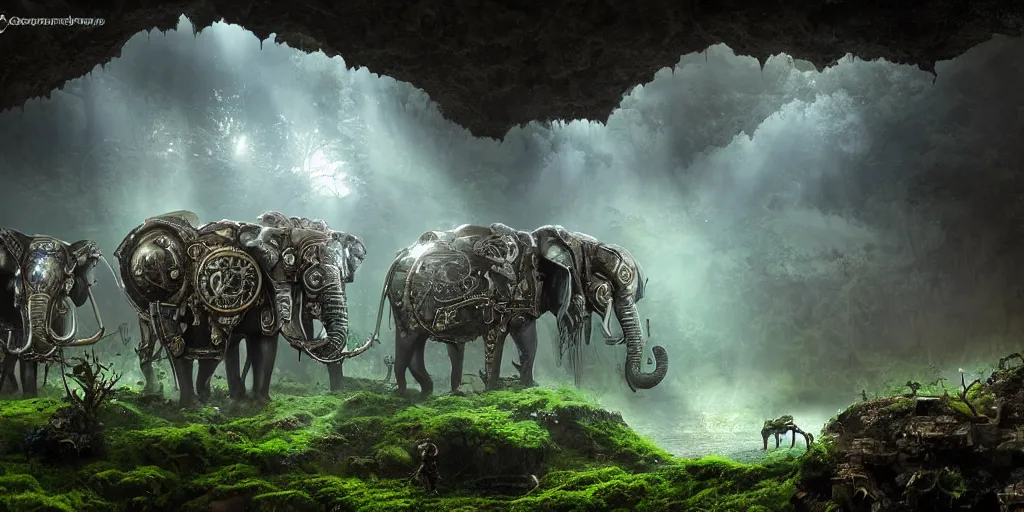 Prompt: herd of magnificent mechanical steampunk elephants looking eerily into a cave entrance with lush vegetation and mystical (((glowing algae))) in the dawn, light coming through from holes in the ceiling, waterfalls, desaturated, creepy ambiance, dangerous, sharp focus, highly detailed, artgerm