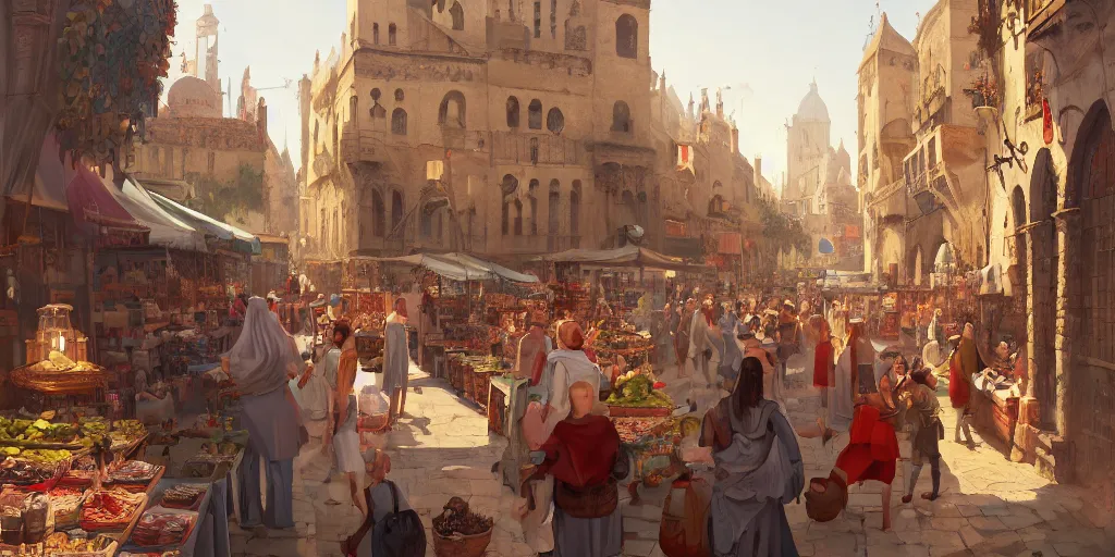 Image similar to a busy medieval Mediterranean street market in the style of Sylvain Sarrailh, beautiful digital art, cinematic composition, detailed, concept art, Matt painting, oil painting, high res