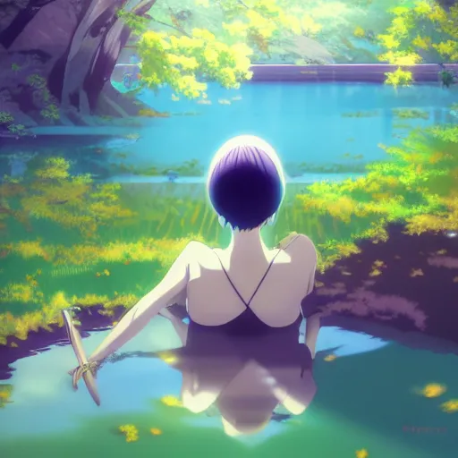 Prompt: anime key visual of a woman with short green hair meditating near a japanese spring by ilya kuvshinov