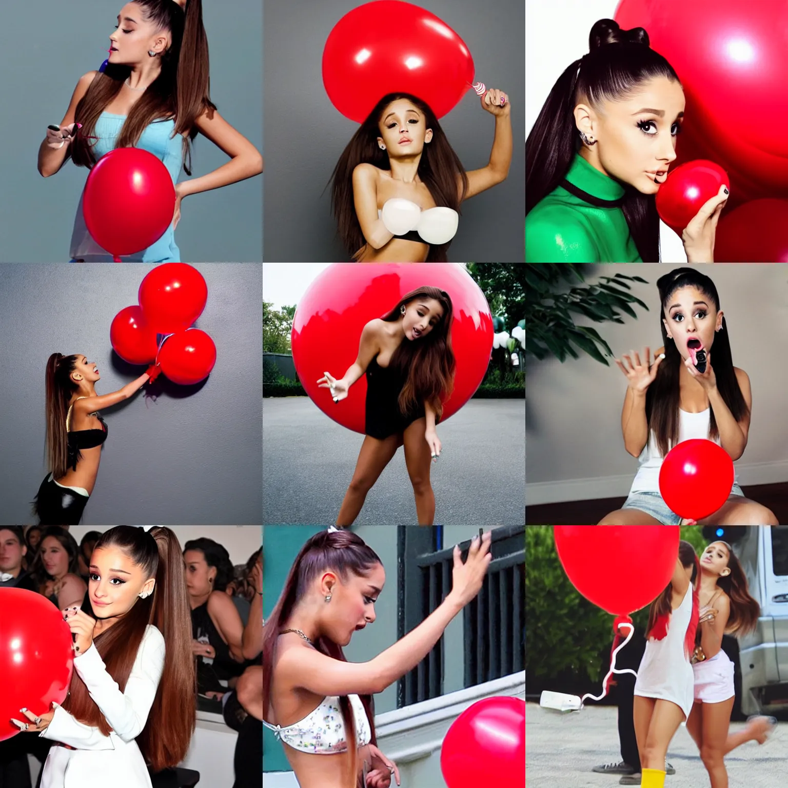 Prompt: Ariana Grande blowing up a red balloon