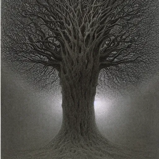 Image similar to Tree of sacral geometry in horror mist by Gustave Doré Greg Rutkowski zdzisław beksiński