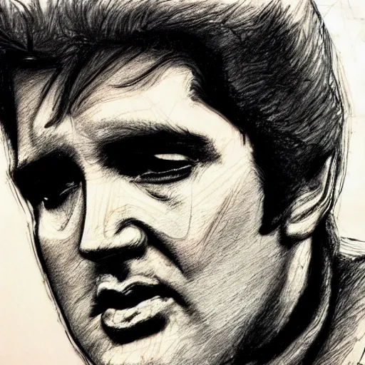 Prompt: a realistic yet scraggly portrait sketch of the side profile of a stern and sophisticated elvis presley, trending on artstation, intricate details, in the style of frank auerbach, in the style of sergio aragones, in the style of martin ansin, in the style of david aja, in the style of mattias adolfsson