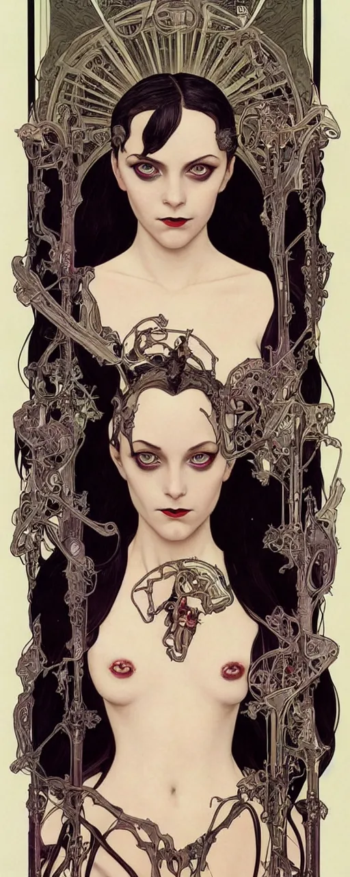 Image similar to striking sensual gorgeous sci - fi art nouveau portrait of wednesday addams as the dark goddess lilith by michael kaluta, chris achilleos and alphonse mucha, photorealism, extremely hyperdetailed, perfect symmetrical facial features, perfect anatomy, ornate declotage, weapons, circuitry, high technical detail, determined expression, piercing gaze