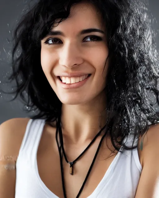 Image similar to a half body photo of a beautiful Young female with long disheveled black hair, beautiful and smiling, sweet looks, white skin and reflective eyes, black tank top, black leather shiny jeans, an ankh necklace white colors in the background, 500px photos, top cinematic lighting , cinematic mood, very detailed, shot in canon 50mm f/1.2